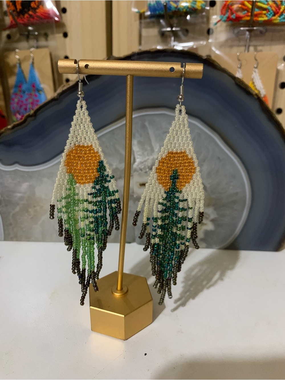 Beaded White, Green & Gold Tree Fringe Earrings